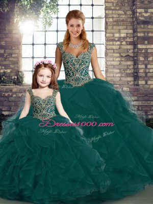 Dazzling Floor Length Peacock Green Sweet 16 Dress Straps Sleeveless Lace Up