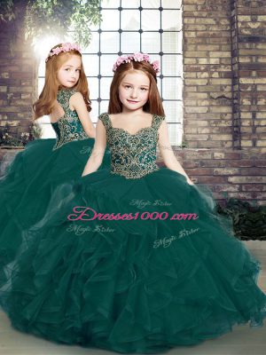 Dazzling Floor Length Peacock Green Sweet 16 Dress Straps Sleeveless Lace Up