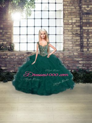 Dazzling Floor Length Peacock Green Sweet 16 Dress Straps Sleeveless Lace Up