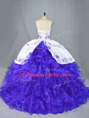 Hot Sale Blue And White Ball Gown Prom Dress Organza Brush Train Sleeveless Beading and Embroidery and Ruffles