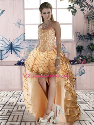 Sweet Sleeveless High Low Beading and Lace and Ruffled Layers Lace Up Pageant Dresses with Gold