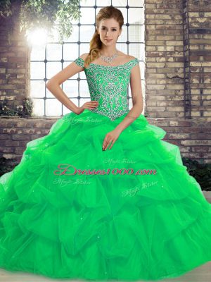 Customized Off The Shoulder Sleeveless Brush Train Lace Up Quince Ball Gowns Green Tulle