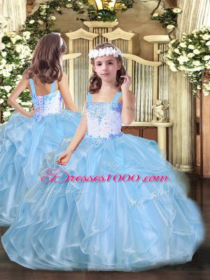 Wonderful Sleeveless Floor Length Beading and Ruffles Lace Up Teens Party Dress with Baby Blue