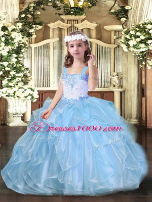 Wonderful Sleeveless Floor Length Beading and Ruffles Lace Up Teens Party Dress with Baby Blue