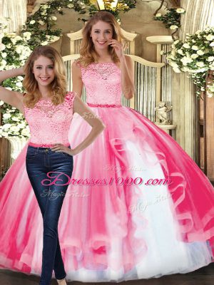 Super Hot Pink Sleeveless Floor Length Lace and Ruffles Clasp Handle Quinceanera Gown