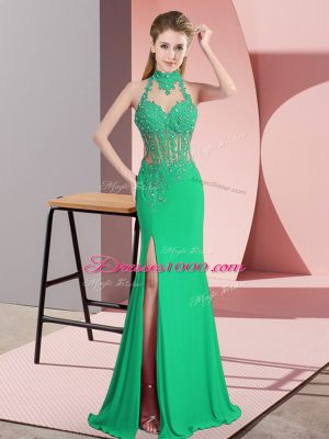 Floor Length Backless Prom Dresses Green for Prom and Party with Beading and Lace and Appliques