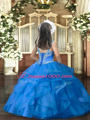 Trendy Aqua Blue Sleeveless Floor Length Beading and Ruffles Lace Up Girls Pageant Dresses