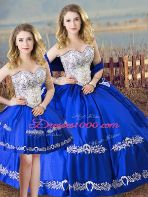 Fantastic Royal Blue Lace Up Sweetheart Beading and Embroidery Quinceanera Gown Satin Sleeveless