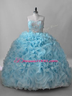 Sweetheart Sleeveless Quinceanera Gown Brush Train Beading Baby Blue Fabric With Rolling Flowers