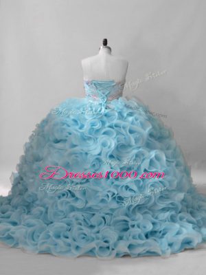 Sweetheart Sleeveless Quinceanera Gown Brush Train Beading Baby Blue Fabric With Rolling Flowers