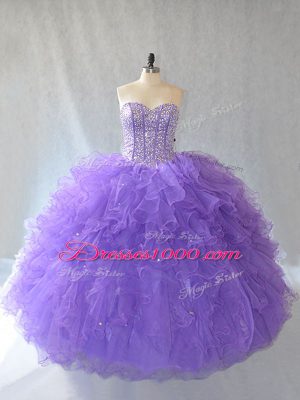 Tulle Sweetheart Sleeveless Lace Up Beading and Ruffles and Sequins Quinceanera Gown in Lavender