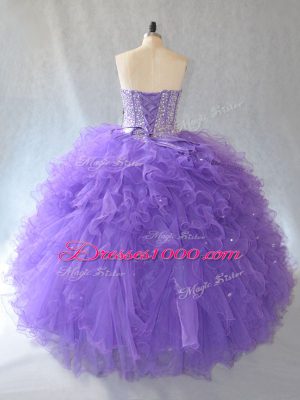 Tulle Sweetheart Sleeveless Lace Up Beading and Ruffles and Sequins Quinceanera Gown in Lavender