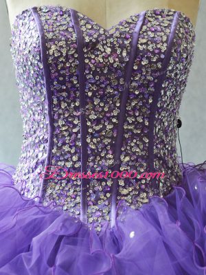 Tulle Sweetheart Sleeveless Lace Up Beading and Ruffles and Sequins Quinceanera Gown in Lavender