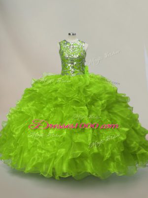 Green Organza Lace Up Scoop Sleeveless Floor Length Sweet 16 Dresses Ruffles and Sequins