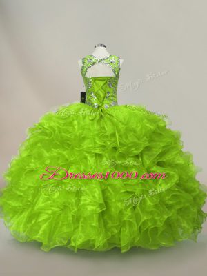 Green Organza Lace Up Scoop Sleeveless Floor Length Sweet 16 Dresses Ruffles and Sequins