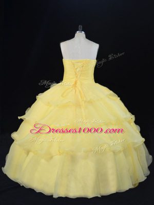 Extravagant Yellow Organza Lace Up Sweetheart Sleeveless Floor Length Sweet 16 Dresses Hand Made Flower