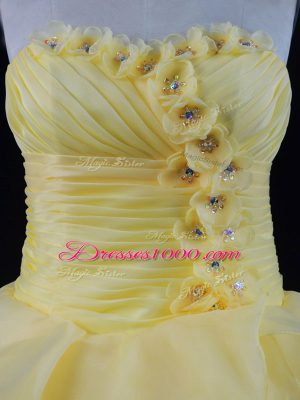 Extravagant Yellow Organza Lace Up Sweetheart Sleeveless Floor Length Sweet 16 Dresses Hand Made Flower