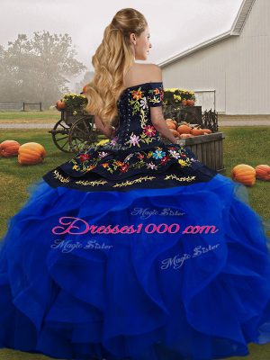 Off The Shoulder Sleeveless Tulle Sweet 16 Dress Embroidery and Ruffles Lace Up