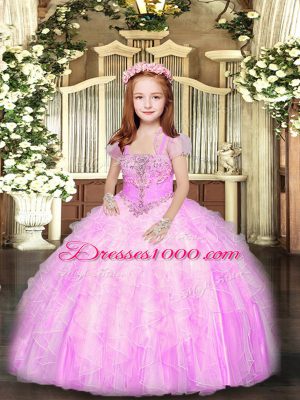 Exquisite Lilac Tulle Lace Up Straps Sleeveless Floor Length Little Girls Pageant Dress Wholesale Beading and Ruffles