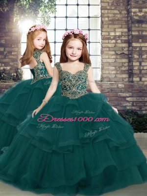 Straps Sleeveless Pageant Dress Toddler Floor Length Beading and Ruffles Peacock Green Tulle