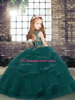 Straps Sleeveless Pageant Dress Toddler Floor Length Beading and Ruffles Peacock Green Tulle