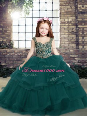 Straps Sleeveless Pageant Dress Toddler Floor Length Beading and Ruffles Peacock Green Tulle