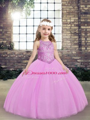 Top Selling Lilac Ball Gowns Beading Party Dress Lace Up Tulle Sleeveless Floor Length