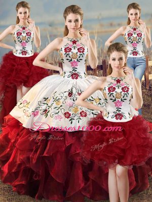 Captivating White And Red 15th Birthday Dress Sweet 16 and Quinceanera with Embroidery and Ruffles Halter Top Sleeveless Lace Up