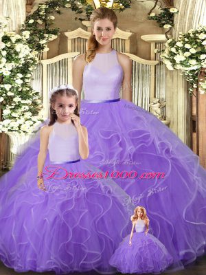 Vintage High-neck Sleeveless Sweet 16 Dresses Floor Length Ruffles Lavender Tulle