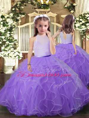 Vintage High-neck Sleeveless Sweet 16 Dresses Floor Length Ruffles Lavender Tulle