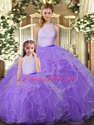 Vintage High-neck Sleeveless Sweet 16 Dresses Floor Length Ruffles Lavender Tulle