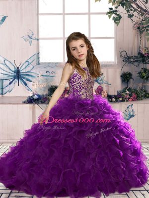 Dazzling Eggplant Purple Ball Gowns Scoop Sleeveless Organza Floor Length Lace Up Beading and Ruffles Little Girls Pageant Gowns