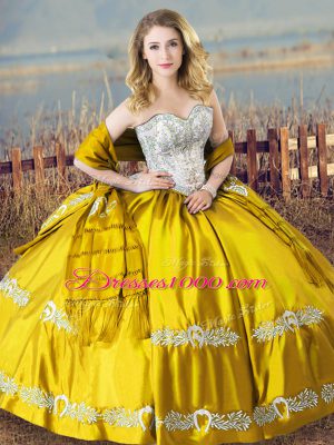 Hot Selling Sleeveless Satin Floor Length Lace Up Sweet 16 Dress in Gold with Beading and Embroidery