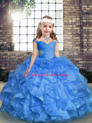 Dazzling Blue Sleeveless Organza Lace Up Pageant Dress Toddler for Party and Wedding Party