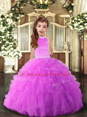 On Sale Lilac Ball Gowns Tulle Halter Top Sleeveless Beading and Ruffles Floor Length Backless Little Girls Pageant Dress Wholesale