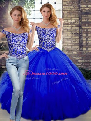 Two Pieces Quince Ball Gowns Royal Blue Off The Shoulder Tulle Sleeveless Floor Length Lace Up