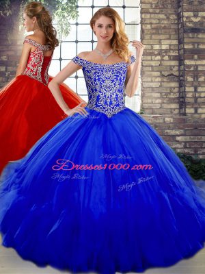 Two Pieces Quince Ball Gowns Royal Blue Off The Shoulder Tulle Sleeveless Floor Length Lace Up
