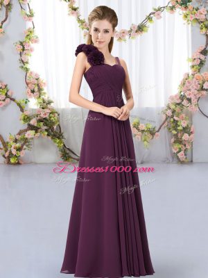 Lovely Floor Length Lace Up Dama Dress Dark Purple for Wedding Party with Hand Made Flower