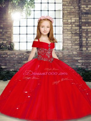 Sleeveless Floor Length Beading Lace Up Custom Made with Red