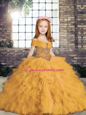 Elegant Gold Sleeveless Tulle Lace Up Little Girl Pageant Gowns for Party and Military Ball and Wedding Party