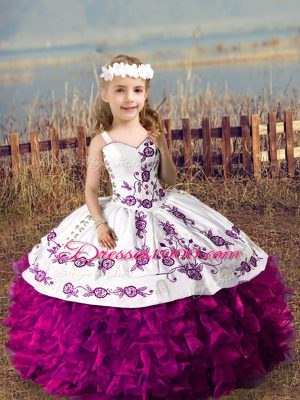 Hot Sale Fuchsia Lace Up Straps Embroidery and Ruffles Party Dress for Girls Organza Sleeveless
