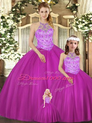 Sumptuous Fuchsia Ball Gowns Tulle Halter Top Sleeveless Beading Floor Length Lace Up Quince Ball Gowns