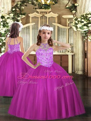 Sumptuous Fuchsia Ball Gowns Tulle Halter Top Sleeveless Beading Floor Length Lace Up Quince Ball Gowns