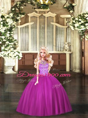 Sumptuous Fuchsia Ball Gowns Tulle Halter Top Sleeveless Beading Floor Length Lace Up Quince Ball Gowns