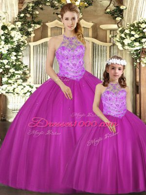 Sumptuous Fuchsia Ball Gowns Tulle Halter Top Sleeveless Beading Floor Length Lace Up Quince Ball Gowns