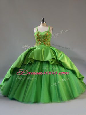 Court Train Ball Gowns Ball Gown Prom Dress Green Straps Satin and Tulle Sleeveless Lace Up