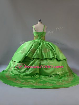 Court Train Ball Gowns Ball Gown Prom Dress Green Straps Satin and Tulle Sleeveless Lace Up