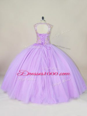 Lavender Ball Gowns Beading Sweet 16 Quinceanera Dress Lace Up Tulle Sleeveless Floor Length