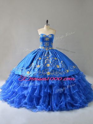 Chic Embroidery and Ruffles Sweet 16 Dress Royal Blue Lace Up Sleeveless Floor Length