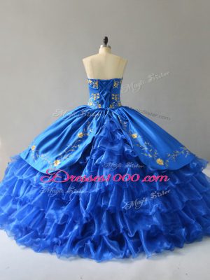 Chic Embroidery and Ruffles Sweet 16 Dress Royal Blue Lace Up Sleeveless Floor Length